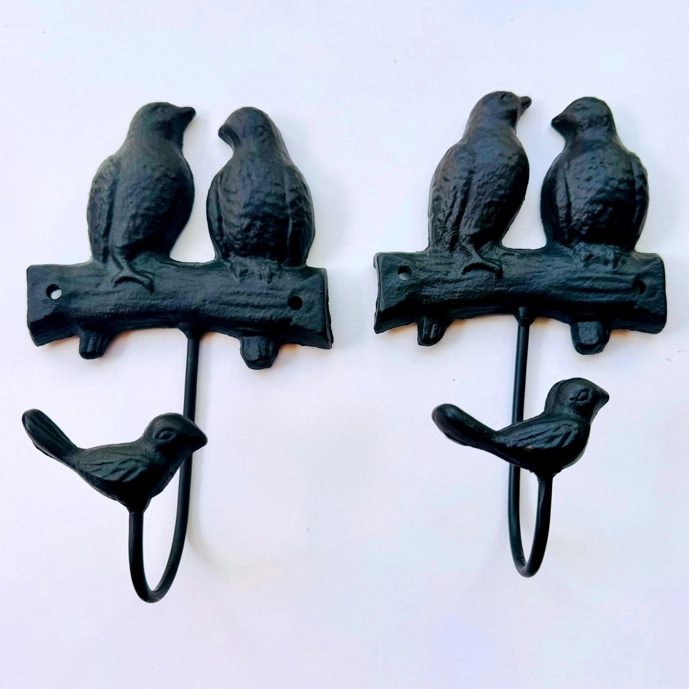 Cast Iron Bird Hooks Wall Mounted Coat Hat Towel Hangers Decorative Pair Rustic